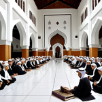** A bustling *madrasah* (religious school) in Malaysia, with children and adults learning. MUTAWWA Ibn Al-Khalifa is depicted teaching, radiating wisdom and kindness. Focus on traditional Malay architecture and clothing.

**