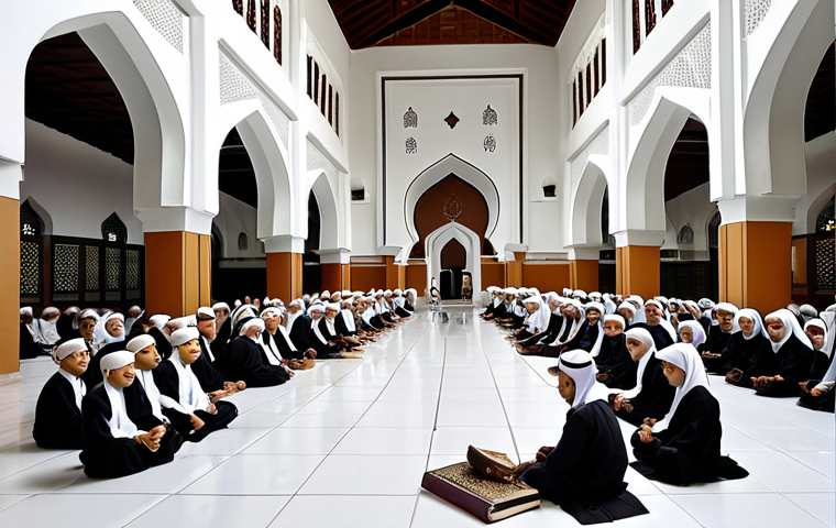 ** A bustling *madrasah* (religious school) in Malaysia, with children and adults learning. MUTAWWA Ibn Al-Khalifa is depicted teaching, radiating wisdom and kindness. Focus on traditional Malay architecture and clothing.
**