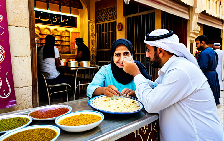 Exploring Souq Waqif Flavors**

"A vibrant scene at Souq Waqif in Doha, Qatar, showing a family of four (parents and two children) enjoying Qatari street food. The father is holding a plate of Majboos, the mother is sipping Karak tea, and the children are trying Balaleet. Capture the bustling atmosphere of the souq with colorful stalls, traditional Qatari architecture in the background. The family is fully clothed in modest, respectful attire. Ensure perfect anatomy and natural poses. Safe for work, appropriate content, professional quality, family-friendly, fully clothed."

**