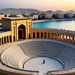 **

"Katara Amphitheater at sunset, viewed from a distance. Traditional Qatari architecture blending with classical Greek design. People are walking around in modest, everyday clothing. Background includes the sea and cityscape. Safe for work, appropriate content, fully clothed, family-friendly, perfect anatomy, correct proportions, professional photography, high quality."

**
