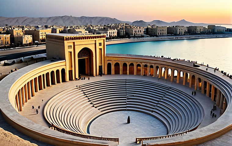 **

"Katara Amphitheater at sunset, viewed from a distance. Traditional Qatari architecture blending with classical Greek design. People are walking around in modest, everyday clothing. Background includes the sea and cityscape. Safe for work, appropriate content, fully clothed, family-friendly, perfect anatomy, correct proportions, professional photography, high quality."

**