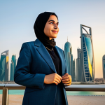 **Image Prompt:** A professional businesswoman in a modest business suit, standing in front of the Doha skyline during sunset, fully clothed, appropriate attire, safe for work, perfect anatomy, natural proportions, professional photography, high quality, family-friendly.