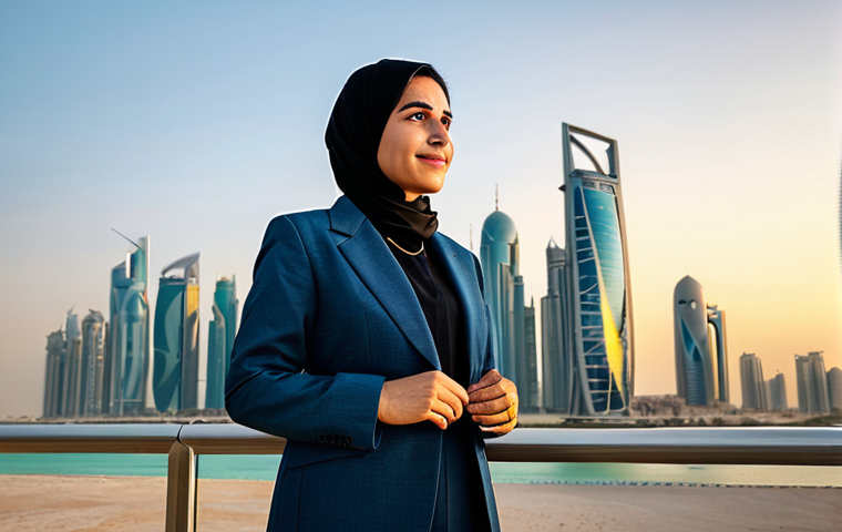 **Image Prompt:** A professional businesswoman in a modest business suit, standing in front of the Doha skyline during sunset, fully clothed, appropriate attire, safe for work, perfect anatomy, natural proportions, professional photography, high quality, family-friendly.
